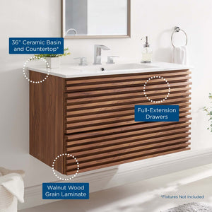 Modway Furniture Render 36" Wall-Mount Bathroom Vanity - Mid-Century Modern Design with Ample Storage Space & Style Walnut White EEI-4436-WAL-WHI