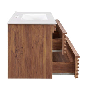 Modway Furniture Render 36" Wall-Mount Bathroom Vanity - Mid-Century Modern Design with Ample Storage Space & Style Walnut White EEI-4436-WAL-WHI