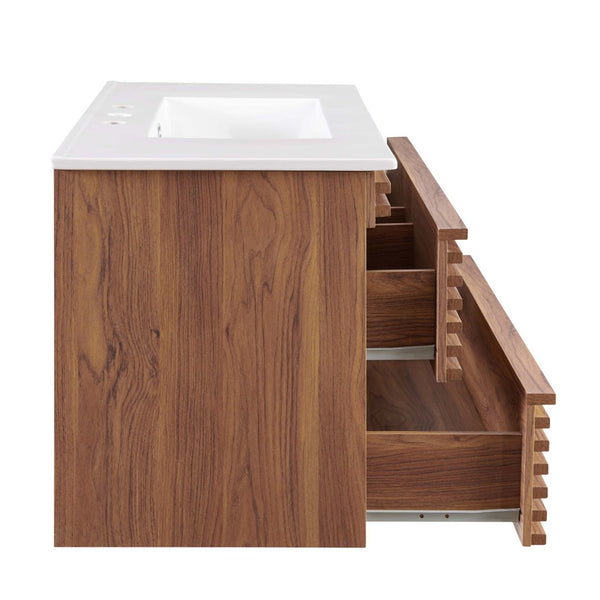 Modway Furniture Render 36" Wall-Mount Bathroom Vanity - Mid-Century Modern Design with Ample Storage Space & Style Walnut White EEI-4436-WAL-WHI