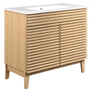 Modway Furniture Render 36" Bathroom Vanity by Modway - Mid-Century Modern Design with Seamless Ceramic Sink Oak White EEI-4437-OAK-WHI