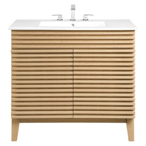 Modway Furniture Render 36" Bathroom Vanity by Modway - Mid-Century Modern Design with Seamless Ceramic Sink Oak White EEI-4437-OAK-WHI