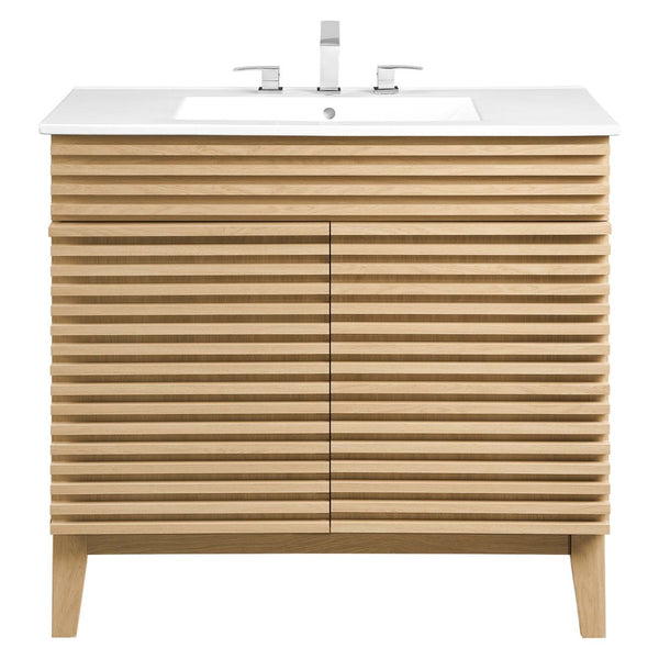 Modway Furniture Render 36" Bathroom Vanity by Modway - Mid-Century Modern Design with Seamless Ceramic Sink Oak White EEI-4437-OAK-WHI