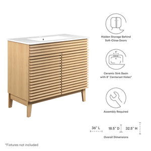 Modway Furniture Render 36" Bathroom Vanity by Modway - Mid-Century Modern Design with Seamless Ceramic Sink Oak White EEI-4437-OAK-WHI