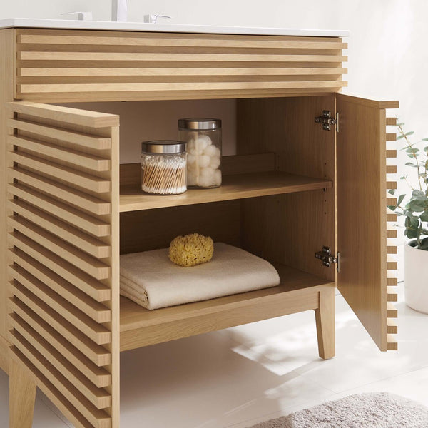 Modway Furniture Render 36" Bathroom Vanity by Modway - Mid-Century Modern Design with Seamless Ceramic Sink Oak White EEI-4437-OAK-WHI