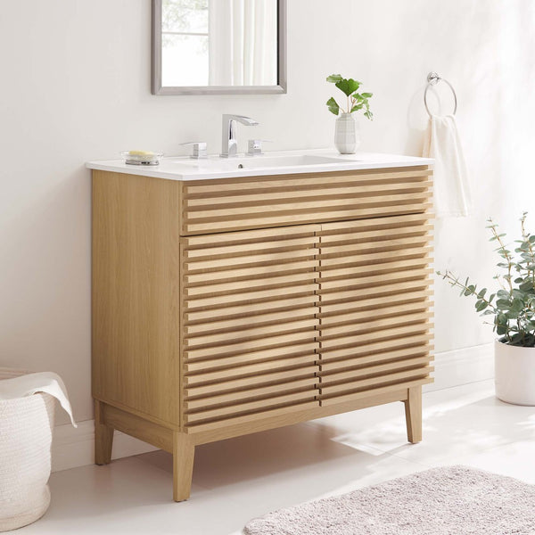 Modway Furniture Render 36" Bathroom Vanity by Modway - Mid-Century Modern Design with Seamless Ceramic Sink Oak White EEI-4437-OAK-WHI