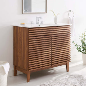 Modway Furniture Render 36" Bathroom Vanity by Modway - Mid-Century Modern Design with Seamless Ceramic Sink Walnut White EEI-4437-WAL-WHI