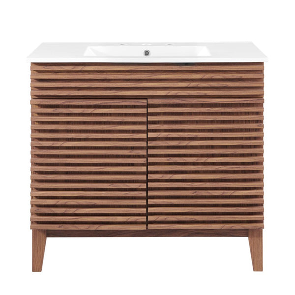 Modway Furniture Render 36" Bathroom Vanity by Modway - Mid-Century Modern Design with Seamless Ceramic Sink Walnut White EEI-4437-WAL-WHI