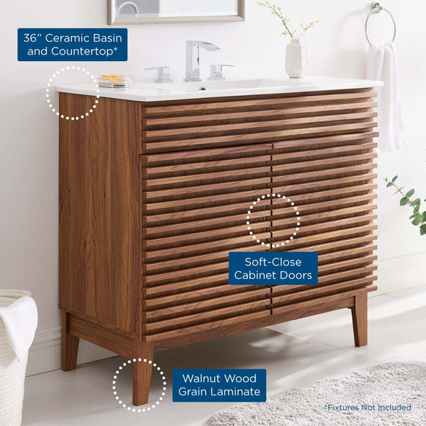 Modway Furniture Render 36" Bathroom Vanity by Modway - Mid-Century Modern Design with Seamless Ceramic Sink Walnut White EEI-4437-WAL-WHI