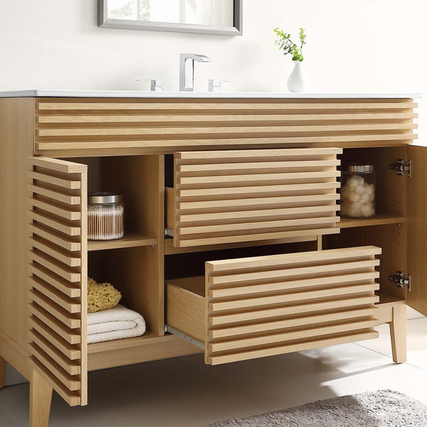 Modway Furniture Render 48" Single Sink Bathroom Vanity - Mid-Century Modern Design with Ample Storage & Style Oak White EEI-4439-OAK-WHI