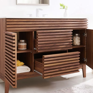 Modway Furniture Render 48" Single Sink Bathroom Vanity - Mid-Century Modern Design with Ample Storage & Style Walnut White EEI-4439-WAL-WHI