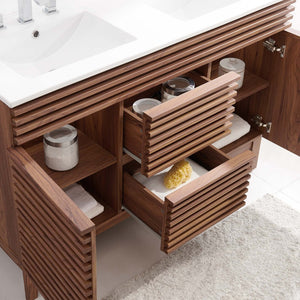 Modway Furniture Render 48" Double Sink Bathroom Vanity with Mid-Century Design, Walnut Finish & Ample Storage Space EEI-4441-WAL-WHI