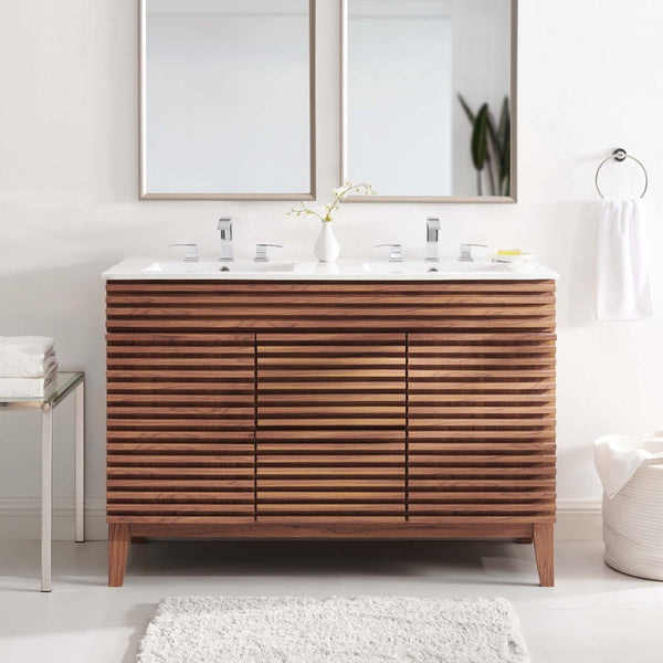 Modway Furniture Render 48" Double Sink Bathroom Vanity with Mid-Century Design, Walnut Finish & Ample Storage Space EEI-4441-WAL-WHI