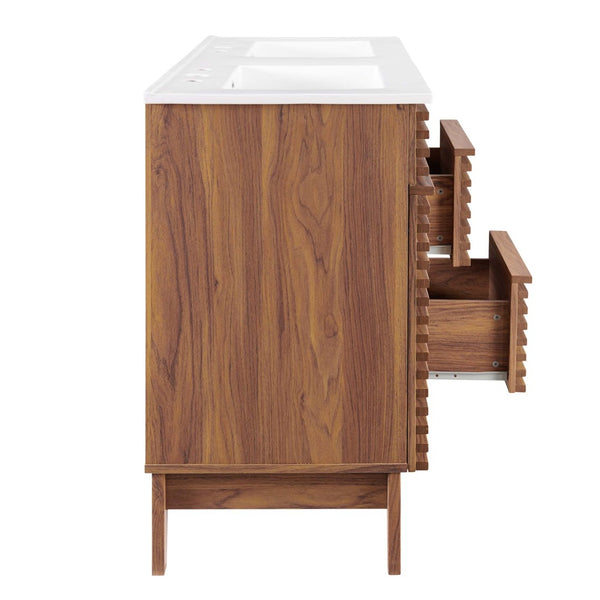 Modway Furniture Render 48" Double Sink Bathroom Vanity with Mid-Century Design, Walnut Finish & Ample Storage Space EEI-4441-WAL-WHI