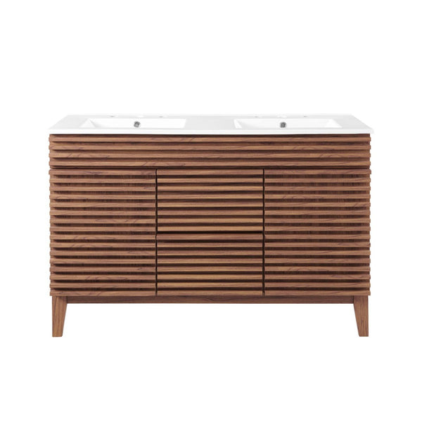 Modway Furniture Render 48" Double Sink Bathroom Vanity with Mid-Century Design, Walnut Finish & Ample Storage Space EEI-4441-WAL-WHI
