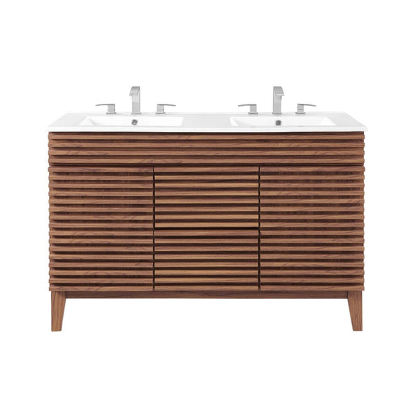 Modway Furniture Render 48" Double Sink Bathroom Vanity with Mid-Century Design, Walnut Finish & Ample Storage Space EEI-4441-WAL-WHI