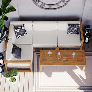 Modway Furniture Upland 5-Piece Teak Wood Outdoor Sectional Sofa Set - Stylish, Durable, and Low-Maintenance Comfort EEI-4619-NAT-WHI-SET