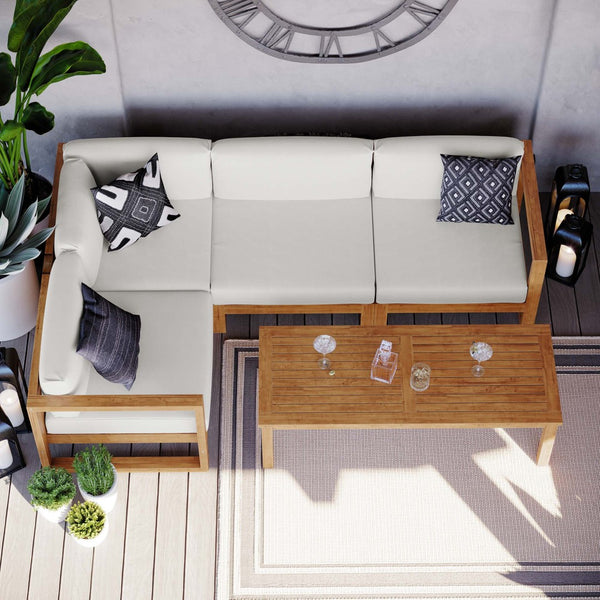 Modway Furniture Upland 5-Piece Teak Wood Outdoor Sectional Sofa Set - Stylish, Durable, and Low-Maintenance Comfort EEI-4619-NAT-WHI-SET