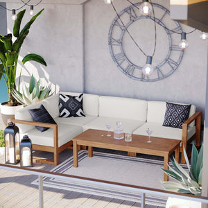 Modway Furniture Upland 5-Piece Teak Wood Outdoor Sectional Sofa Set - Stylish, Durable, and Low-Maintenance Comfort EEI-4619-NAT-WHI-SET