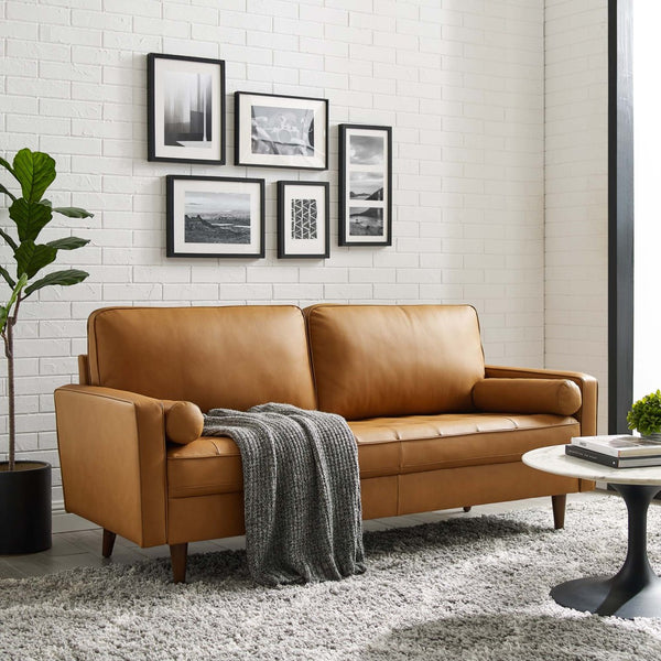 Modway Furniture Valour Leather Sofa by Modway - Mid-Century Elegance with Luxurious Comfort for Small Spaces Tan EEI-4633-TAN