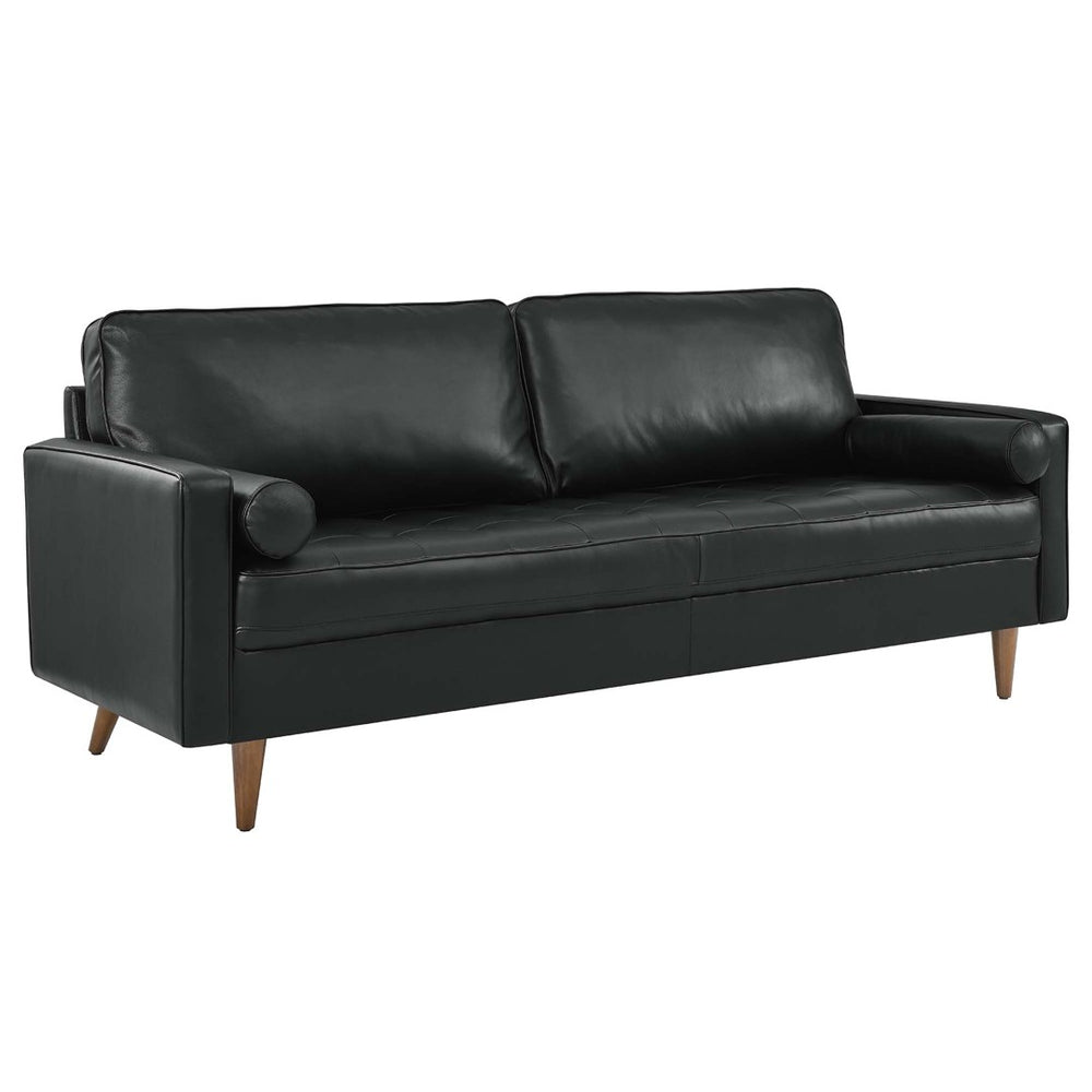 Modway Furniture Valour 81" Leather Sofa - Luxurious Mid-Century Design with Biscuit Tufting & Walnut Legs, Black EEI-4634-BLK