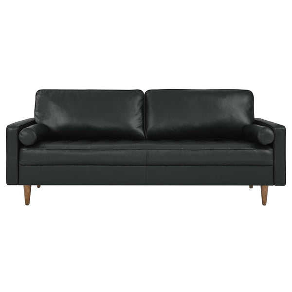 Modway Furniture Valour 81" Leather Sofa - Luxurious Mid-Century Design with Biscuit Tufting & Walnut Legs, Black EEI-4634-BLK