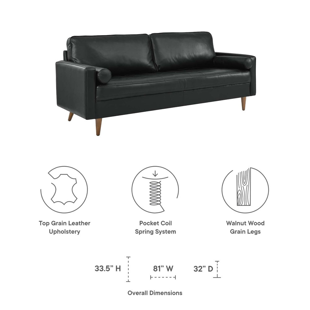 Modway Furniture Valour 81" Leather Sofa - Luxurious Mid-Century Design with Biscuit Tufting & Walnut Legs, Black EEI-4634-BLK