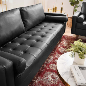 Modway Furniture Valour 81" Leather Sofa - Luxurious Mid-Century Design with Biscuit Tufting & Walnut Legs, Black EEI-4634-BLK