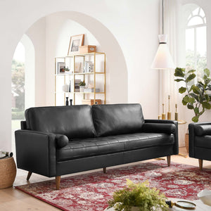 Modway Furniture Valour 81" Leather Sofa - Luxurious Mid-Century Design with Biscuit Tufting & Walnut Legs, Black EEI-4634-BLK