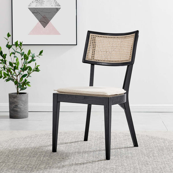 Modway Furniture Caledonia Wood Dining Chair by Modway - Charming Cottage Design with Upholstered Seat & Rattan Back EEI-4648-BLK-BEI