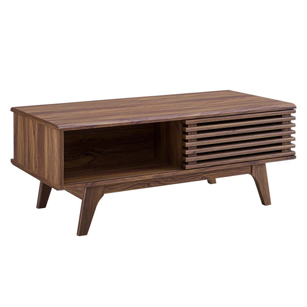 Modway Furniture Render Coffee Table - Mid-Century Modern Walnut Design with Sliding Storage & Open Shelf Display EEI-4724-WAL