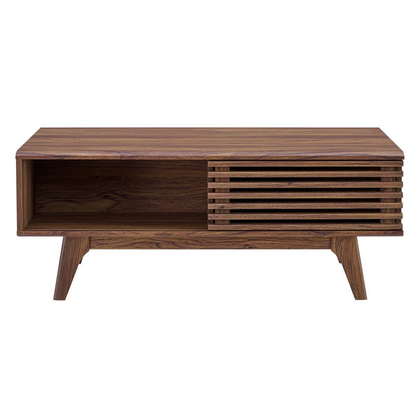 Modway Furniture Render Coffee Table - Mid-Century Modern Walnut Design with Sliding Storage & Open Shelf Display EEI-4724-WAL