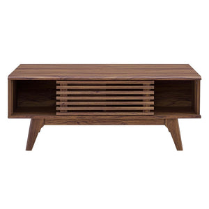 Modway Furniture Render Coffee Table - Mid-Century Modern Walnut Design with Sliding Storage & Open Shelf Display EEI-4724-WAL