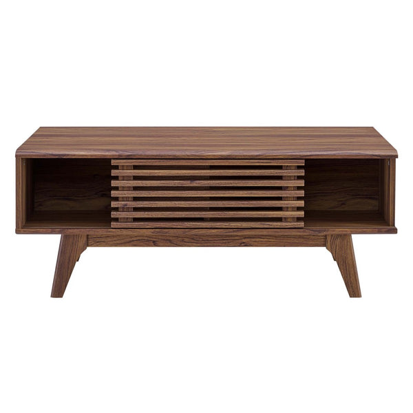 Modway Furniture Render Coffee Table - Mid-Century Modern Walnut Design with Sliding Storage & Open Shelf Display EEI-4724-WAL