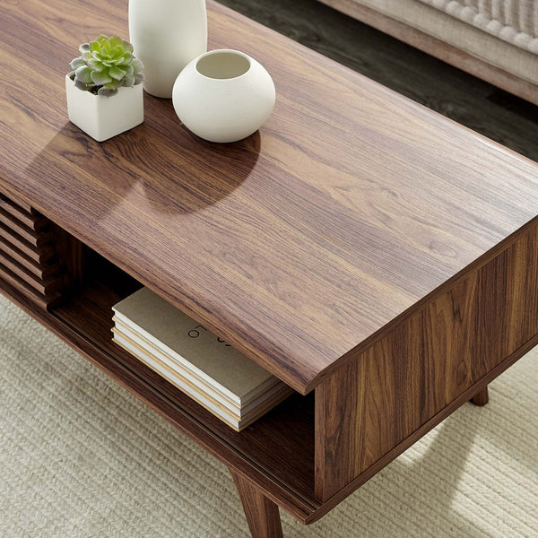 Modway Furniture Render Coffee Table - Mid-Century Modern Walnut Design with Sliding Storage & Open Shelf Display EEI-4724-WAL