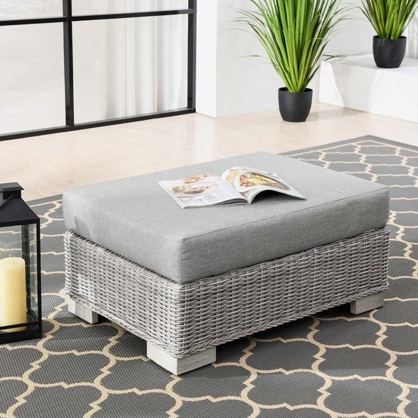 Modway Furniture Conway Outdoor Patio Wicker Rattan Ottoman - Durable, Weather-Resistant with Plush Cushion Seating Light Gray Gray EEI-4839-LGR-GRY