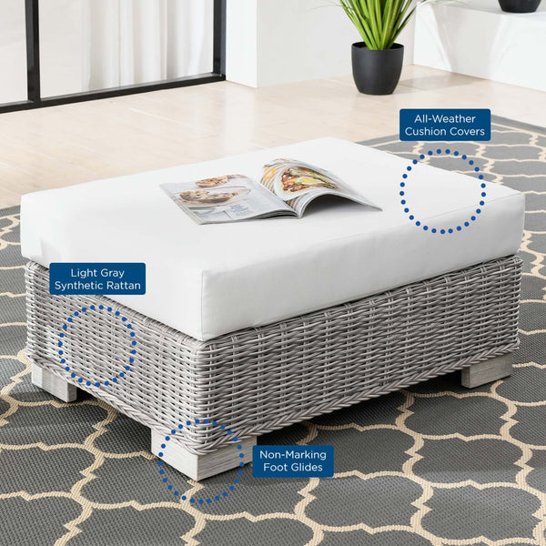 Modway Furniture Conway Outdoor Patio Wicker Rattan Ottoman - Durable, Weather-Resistant with Plush Cushion Seating Light Gray White EEI-4839-LGR-WHI