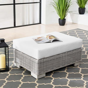 Modway Furniture Conway Outdoor Patio Wicker Rattan Ottoman - Durable, Weather-Resistant with Plush Cushion Seating Light Gray White EEI-4839-LGR-WHI