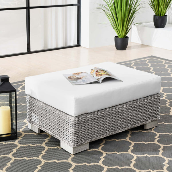 Modway Furniture Conway Outdoor Patio Wicker Rattan Ottoman - Durable, Weather-Resistant with Plush Cushion Seating Light Gray White EEI-4839-LGR-WHI