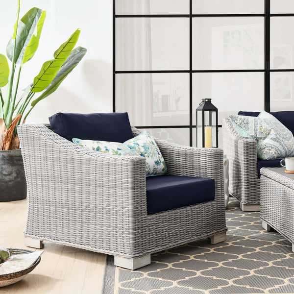 Modway Furniture Conway Outdoor Patio Wicker Rattan Armchair - Stylish, Comfortable, Weather-Resistant Seating Option Light Gray Navy EEI-4840-LGR-NAV