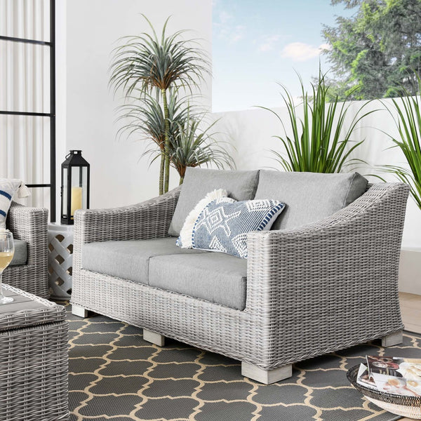 Modway Furniture Conway Outdoor Patio Wicker Rattan Loveseat - Weather-Resistant, Stylish Comfort for Any Space Light Gray Gray EEI-4841-LGR-GRY