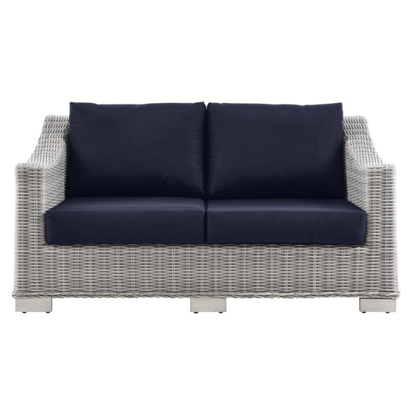 Modway Furniture Conway Outdoor Patio Wicker Rattan Loveseat - Weather-Resistant, Stylish Comfort for Any Space Light Gray Navy EEI-4841-LGR-NAV