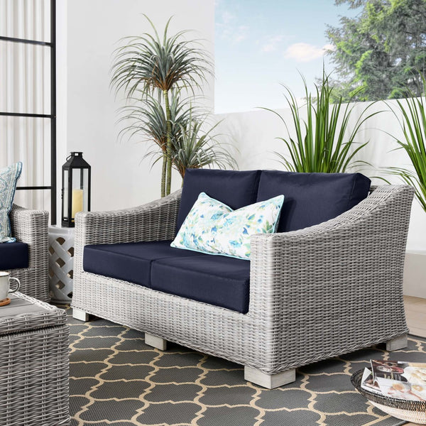 Modway Furniture Conway Outdoor Patio Wicker Rattan Loveseat - Weather-Resistant, Stylish Comfort for Any Space Light Gray Navy EEI-4841-LGR-NAV