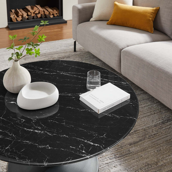 Modway Furniture Lippa 36" Round Faux Marble Coffee Table - Mid-Century Modern Design with Durable Metal Base & Style EEI-4884-BLK-BLK