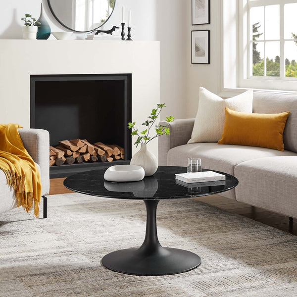 Modway Furniture Lippa 36" Round Faux Marble Coffee Table - Mid-Century Modern Design with Durable Metal Base & Style EEI-4884-BLK-BLK