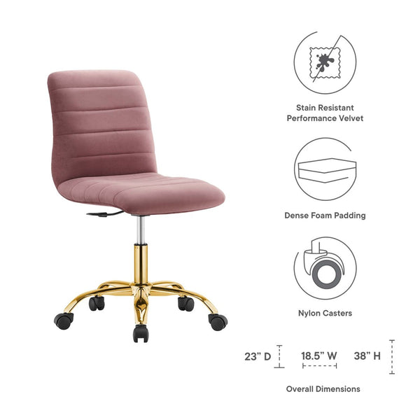 Modway Furniture Ripple Armless Performance Velvet Office Chair - Ergonomic Mid-Century Glam with Gold Frame Gold Dusty Rose EEI-4972-GLD-DUS