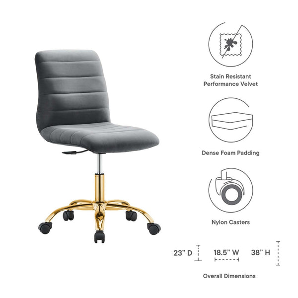 Modway Furniture Ripple Armless Performance Velvet Office Chair - Ergonomic Mid-Century Glam with Gold Frame Gold Gray EEI-4972-GLD-GRY