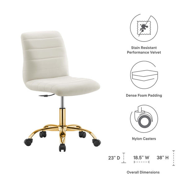 Modway Furniture Ripple Armless Performance Velvet Office Chair - Ergonomic Mid-Century Glam with Gold Frame Gold Ivory EEI-4972-GLD-IVO