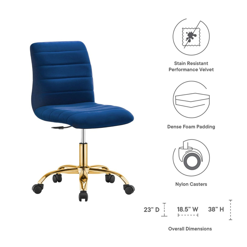 Modway Furniture Ripple Armless Performance Velvet Office Chair - Ergonomic Mid-Century Glam with Gold Frame Gold Navy EEI-4972-GLD-NAV