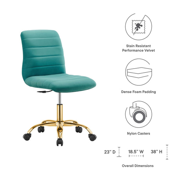 Modway Furniture Ripple Armless Performance Velvet Office Chair - Ergonomic Mid-Century Glam with Gold Frame Gold Teal EEI-4972-GLD-TEA