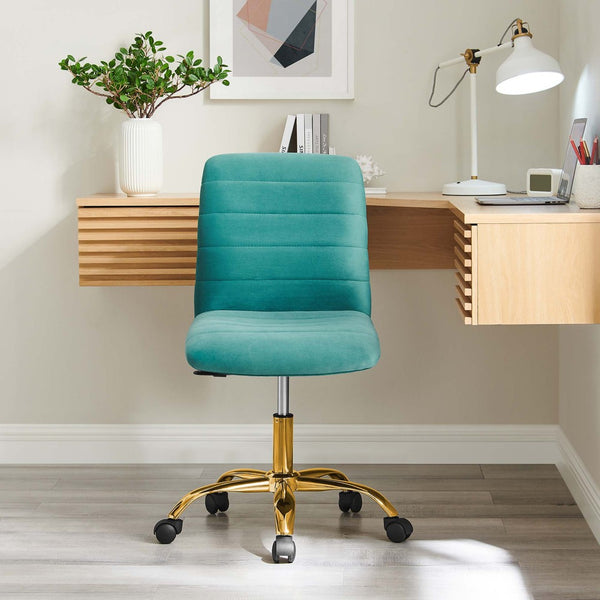 Modway Furniture Ripple Armless Performance Velvet Office Chair - Ergonomic Mid-Century Glam with Gold Frame Gold Teal EEI-4972-GLD-TEA